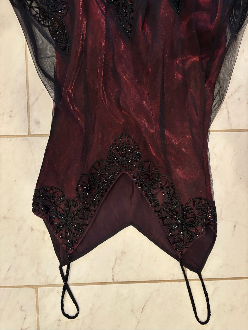 Sue Wong Burgundy Slip Dress with Black Lace Appliqué - Picture 4 of 8